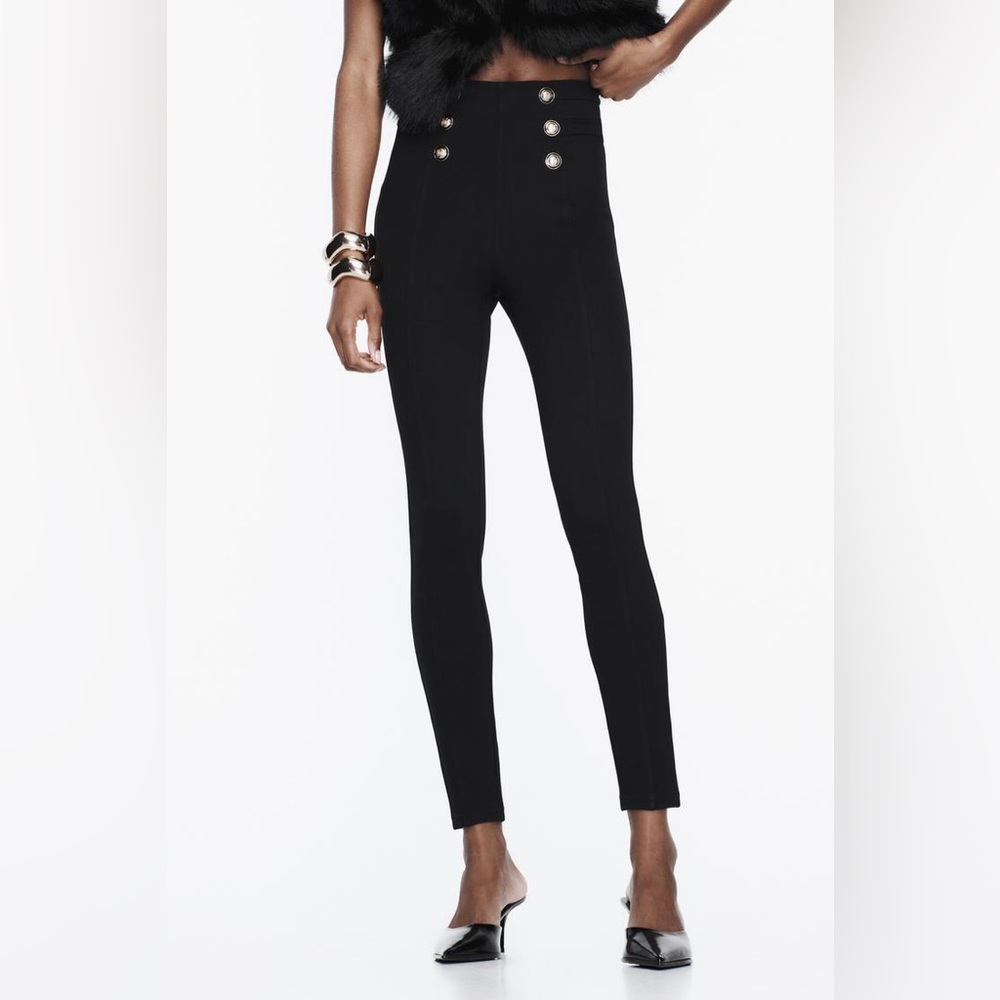 Zara New Black HIGH RISE Gold BUTTONED LEGGINGS